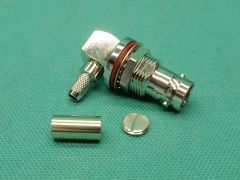 165145 - BNC Elbow Bulkhead Socket (Single Hole) RG58, RG141 or Equivalent Cable, Crimp White Bronze Body, Solder Pin Gold Plated.