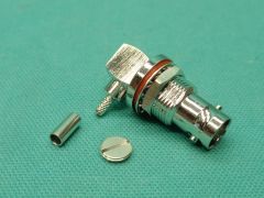 165150 - BNC Elbow Bulkhead Socket RG174, RG188, RG316 Crimp White Bronze Body, Solder Pin Gold Plated.